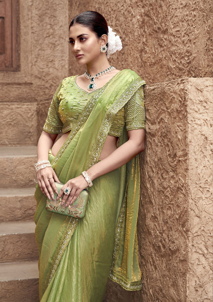 Green Satin Silk Hand Embroidery Party Wear Saree