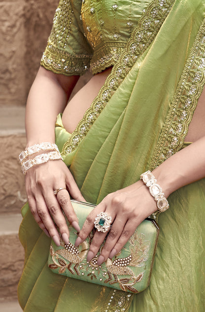 Green Satin Silk Hand Embroidery Party Wear Saree