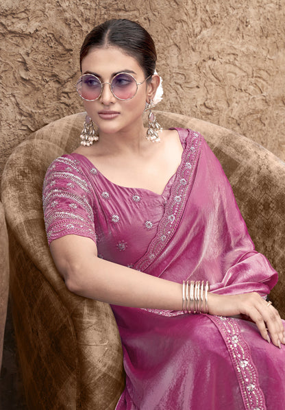 Peach Pink Satin Silk Hand Embroidery Party Wear Saree