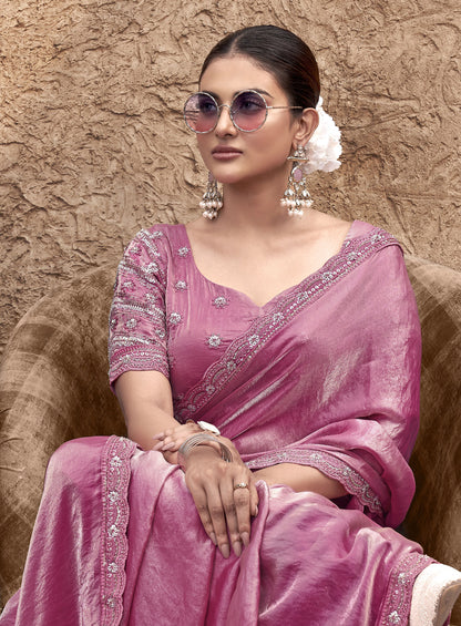 Peach Pink Satin Silk Hand Embroidery Party Wear Saree