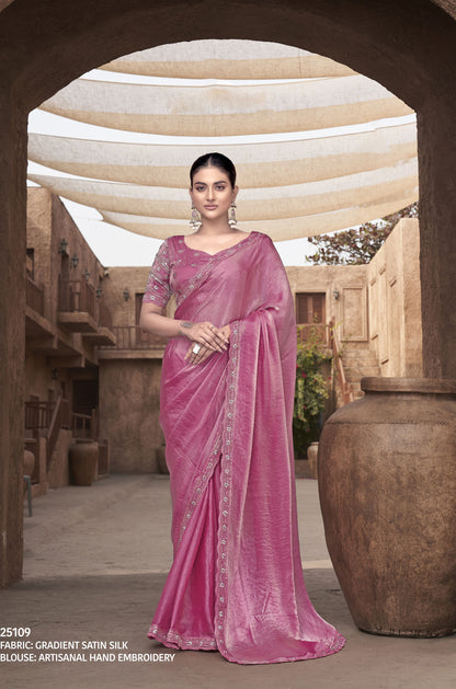 Peach Pink Satin Silk Hand Embroidery Party Wear Saree