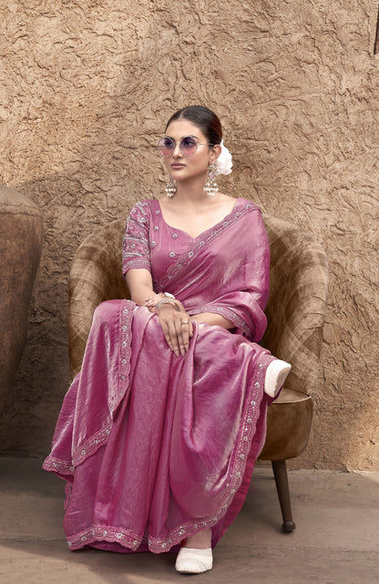 Peach Pink Satin Silk Hand Embroidery Party Wear Saree