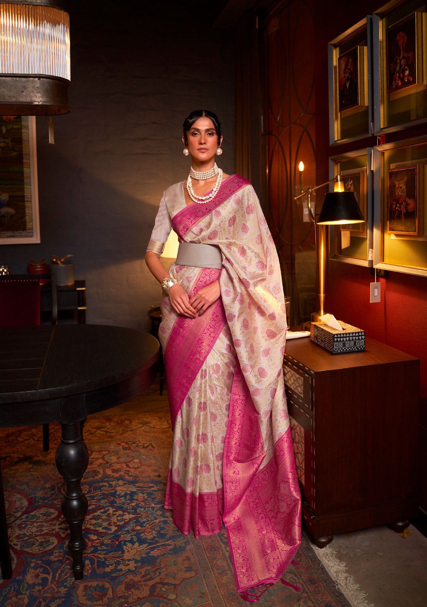 Cream Karzoe Silk Pure Chaap Handloom Saree