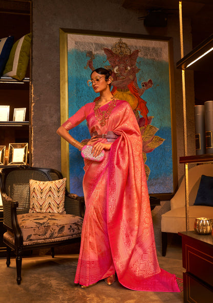 Peach Karzoe Silk Pure Chaap Handloom Saree