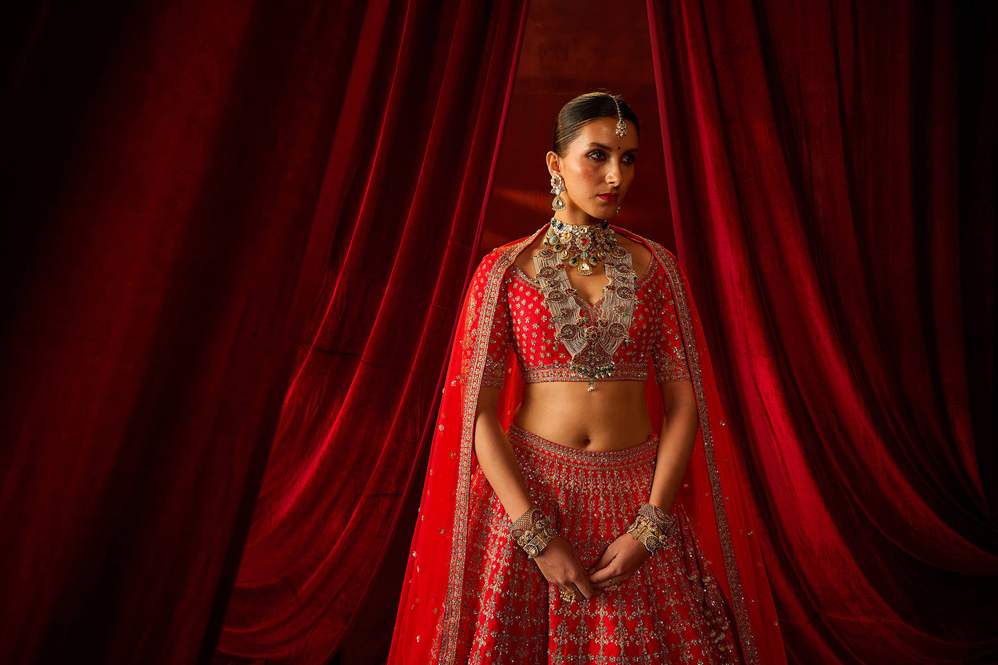 Red Raw Silk Hand & Machine Embroidered Lehenga Set