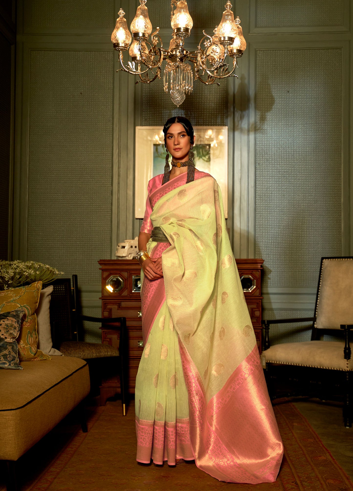 Pista Green Keith Linen Zari woven Saree