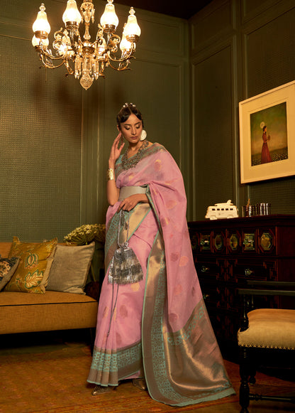 Lavender Pink Keith Linen Zari woven Saree