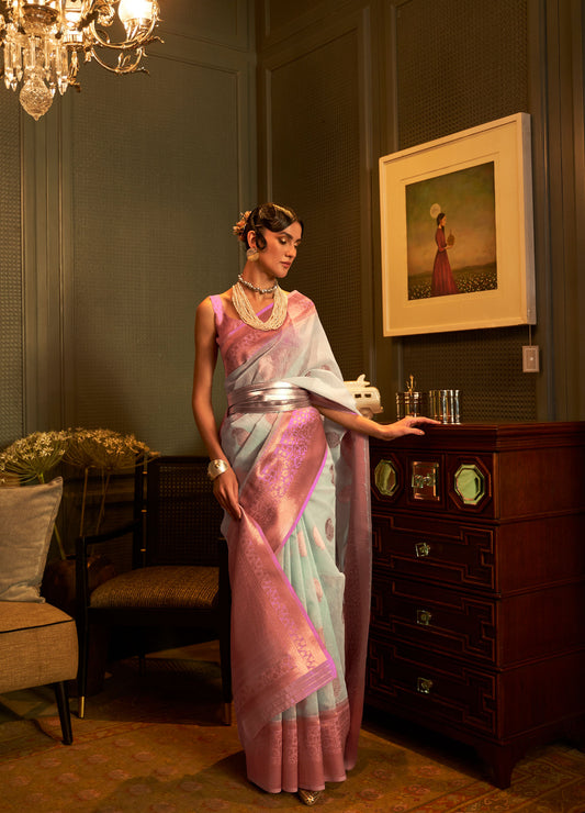 Blue Keith Linen Zari woven Saree