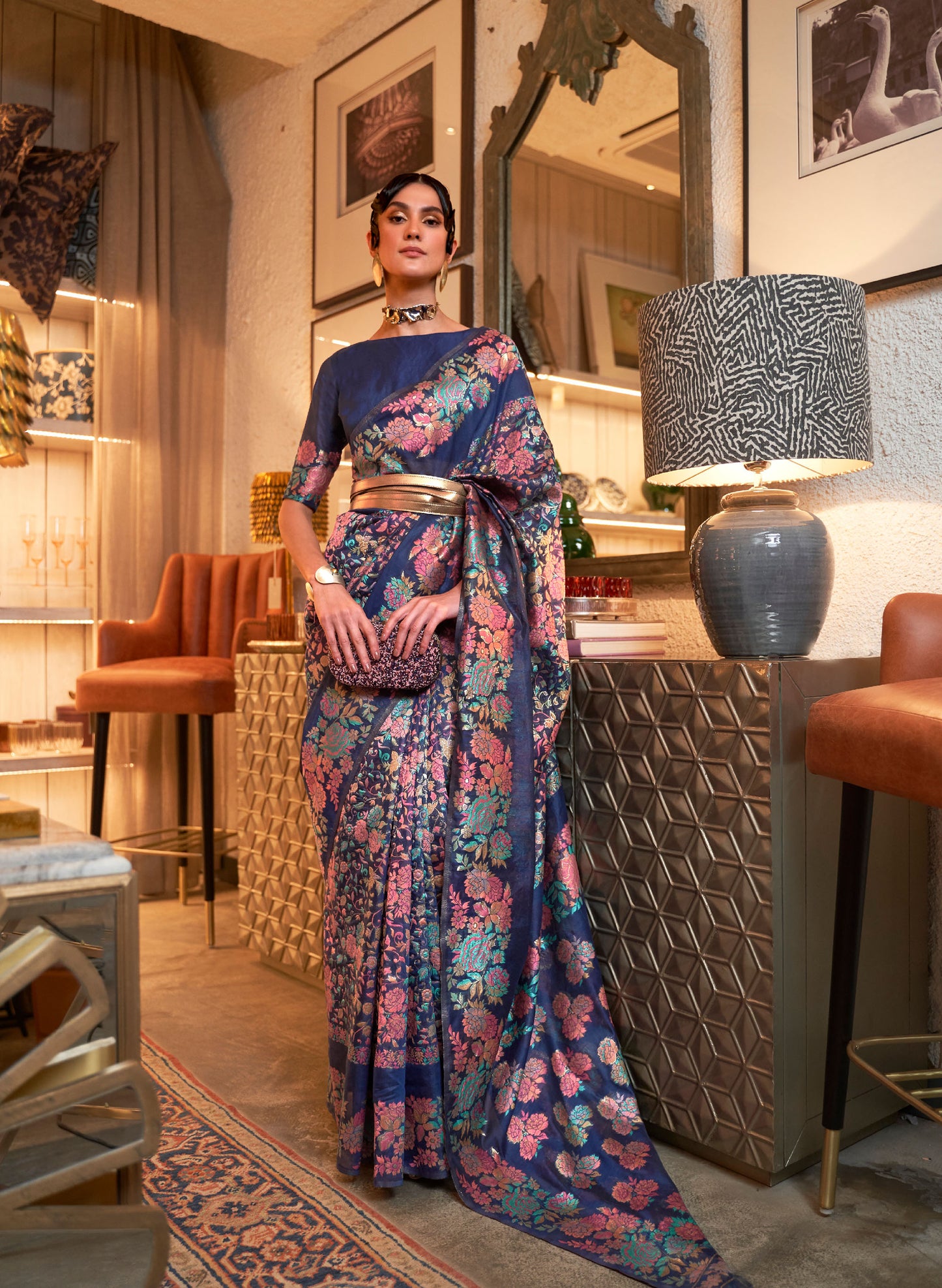 Navy Blue Kaazi Silk Kashmiri Modal Handloom Saree