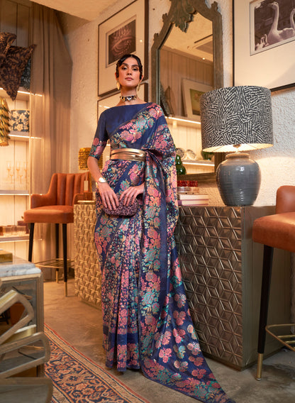 Navy Blue Kaazi Silk Kashmiri Modal Handloom Saree