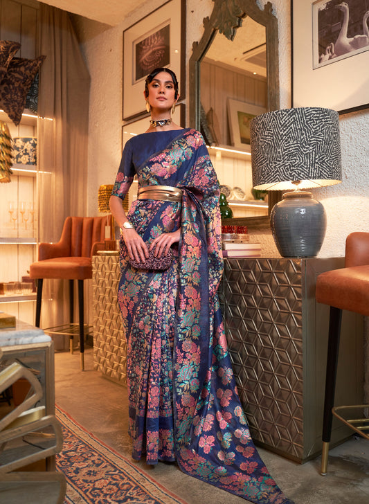 Navy Blue Kaazi Silk Kashmiri Modal Handloom Saree