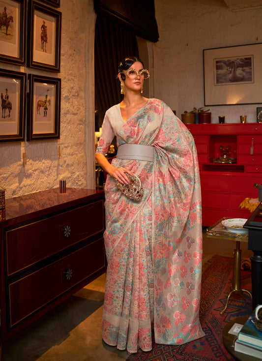 Grey Kaazi Silk Kashmiri Modal Handloom Saree