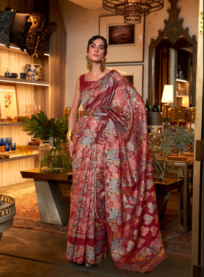 Maroon Kaazi Silk Kashmiri Modal Handloom Saree