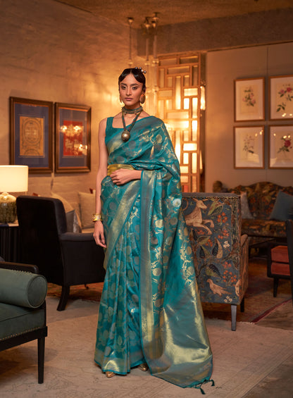 Teal Green Kairos Silk Handloom Saree