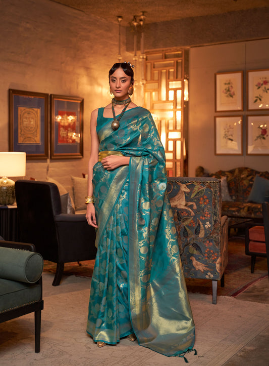 Teal Green Kairos Silk Handloom Saree