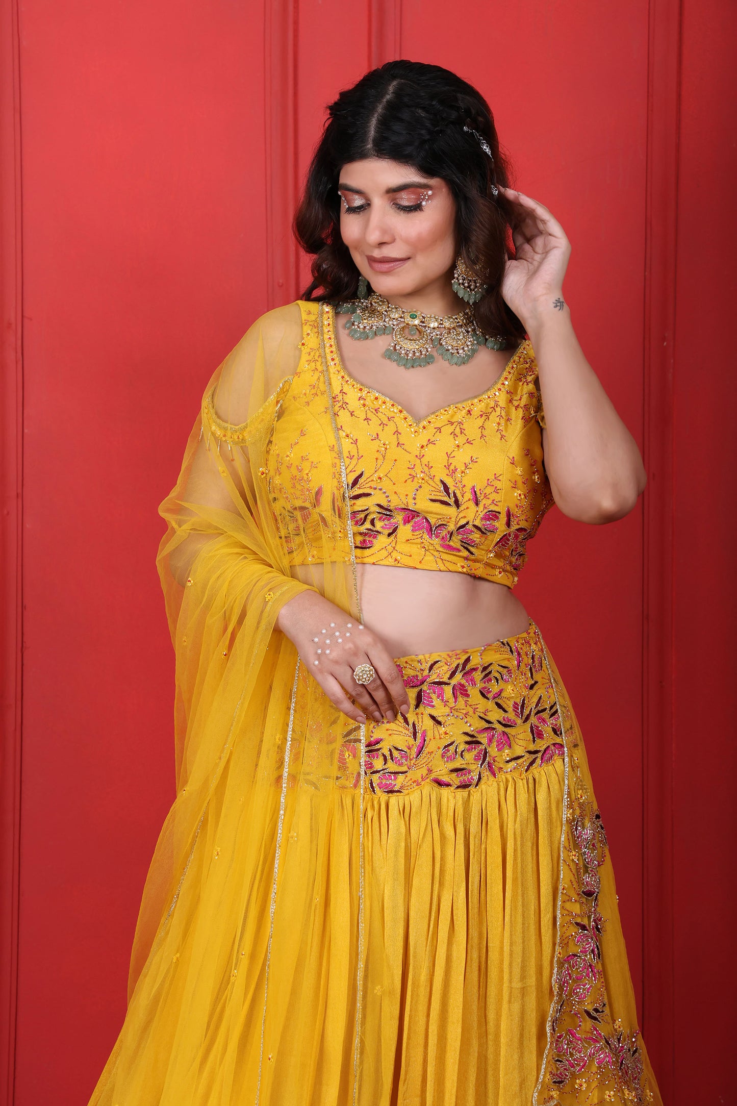 Hand Embroidered Sunflower Yellow Lehenga Set With Net Dupatta