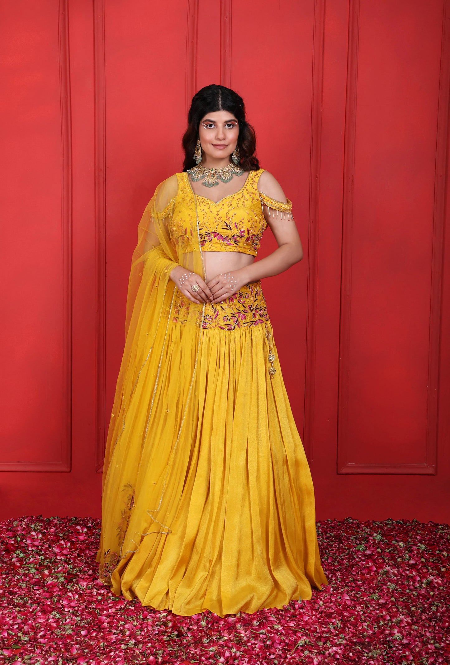 Hand Embroidered Sunflower Yellow Lehenga Set With Net Dupatta