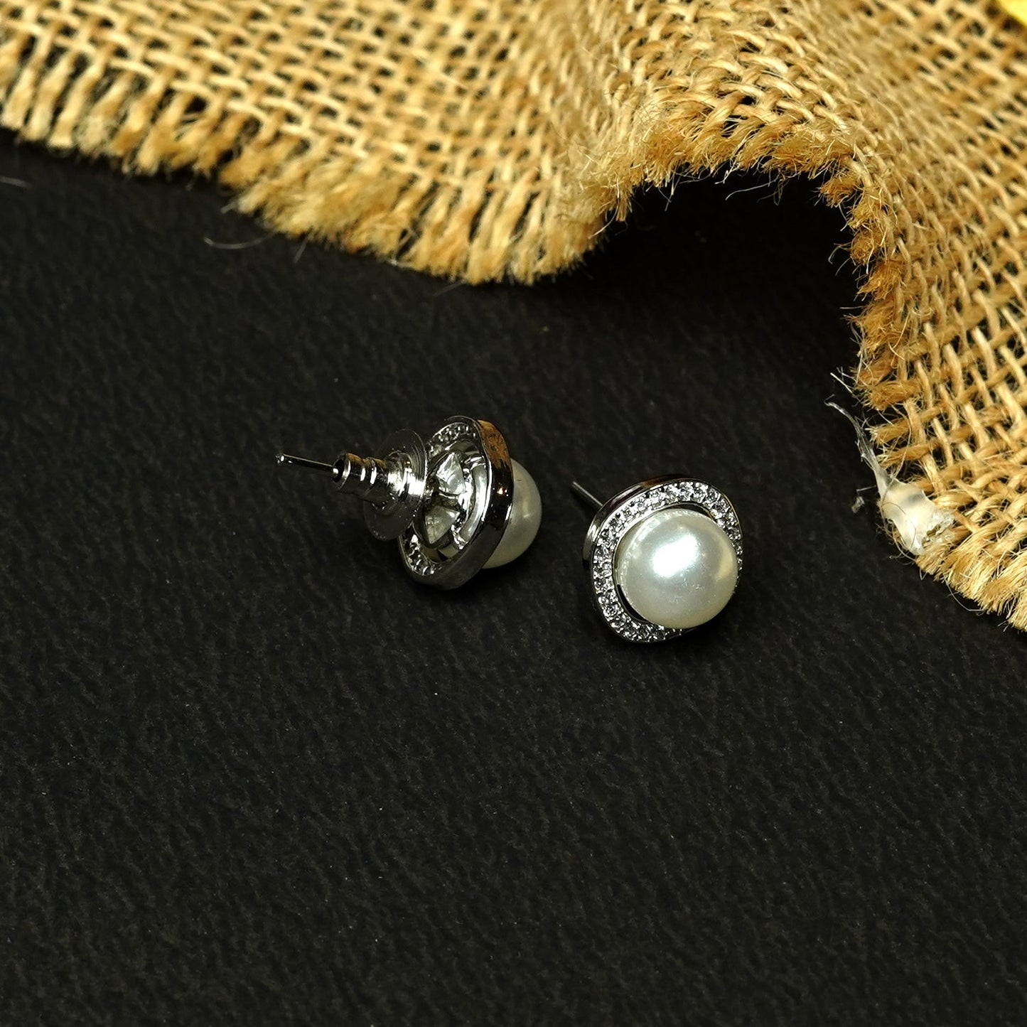 Zevar Club Rhodium-Plated Handcrafted White Pearl & Cubic Zirconia Halo Stud Earrings