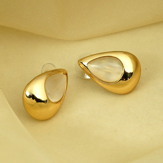 Zevar Club Glossy Gold Tone Stainless Steel Tarnish Free Waterproof Tear Drop-Shaped Mother of Pearl Stud Earrings for Women