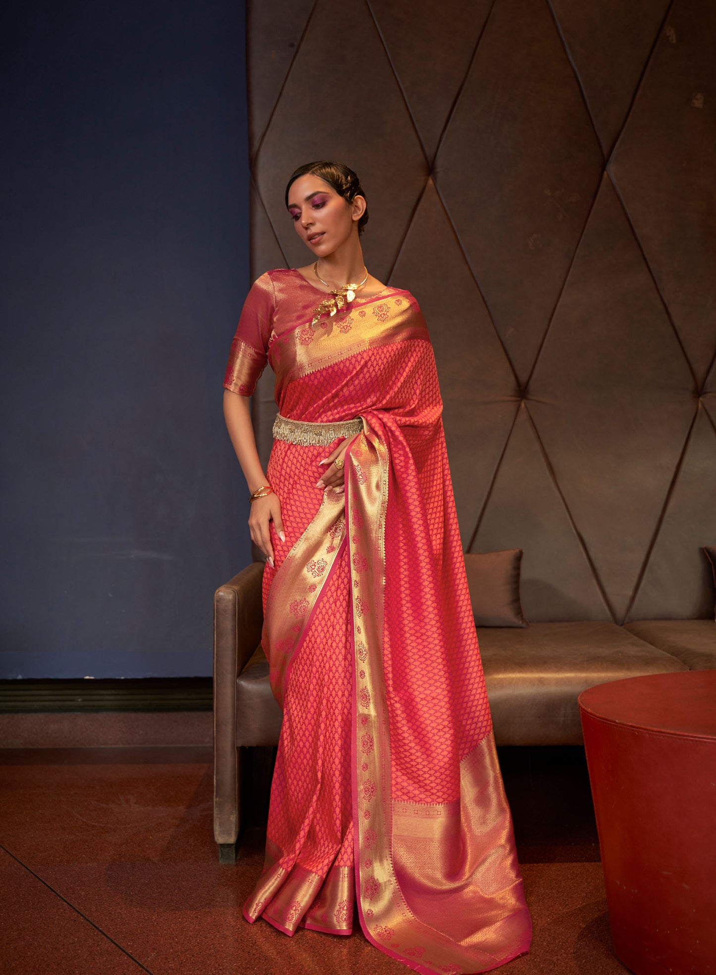 Orange Kurveen Silk Self Contrast Handloom Saree