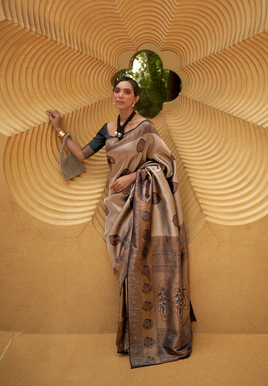 Copper Black Korvai Silk Nylon Two Tone Handloom Saree