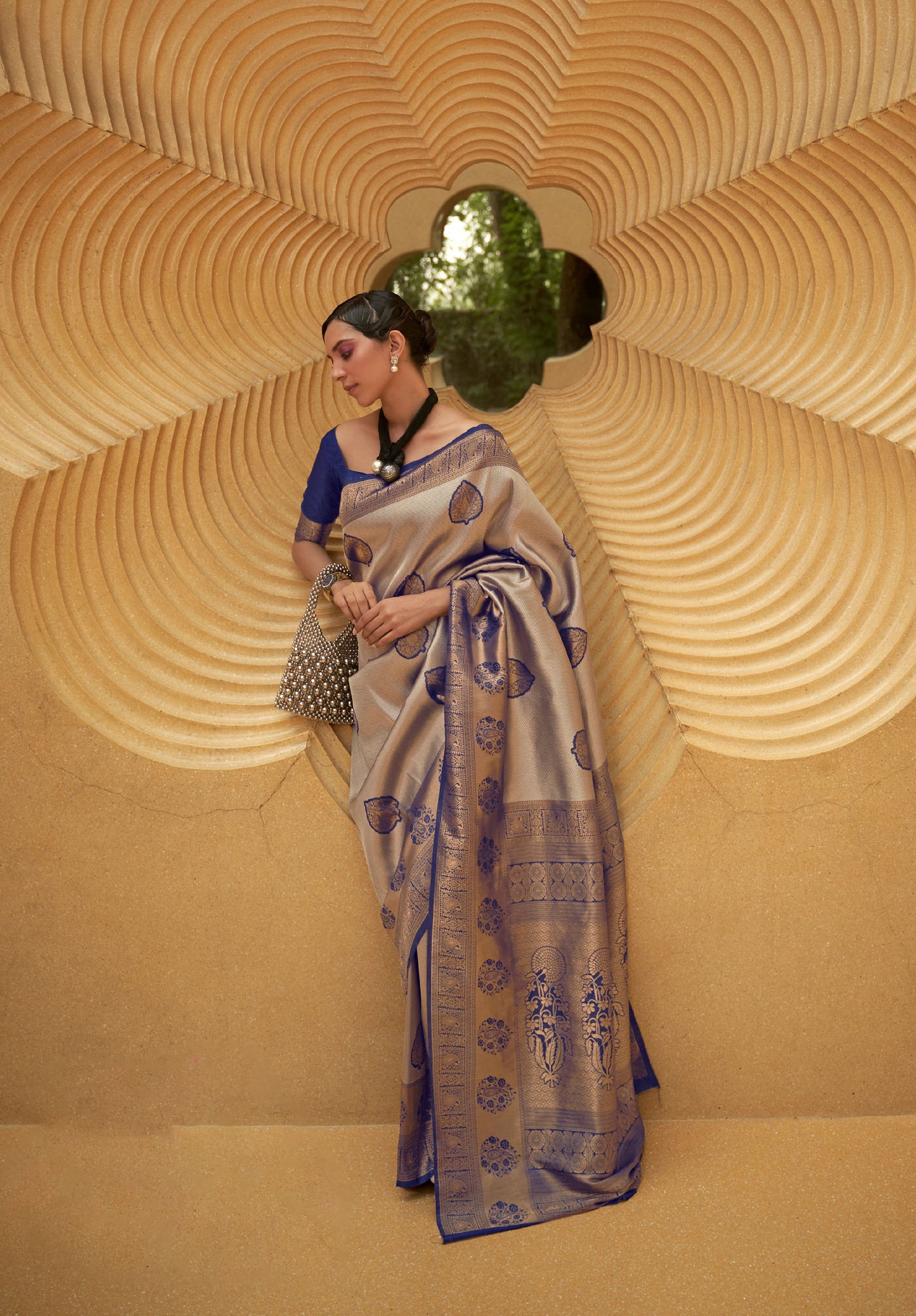 Navy Blue Korvai Silk Nylon Two Tone Handloom Saree