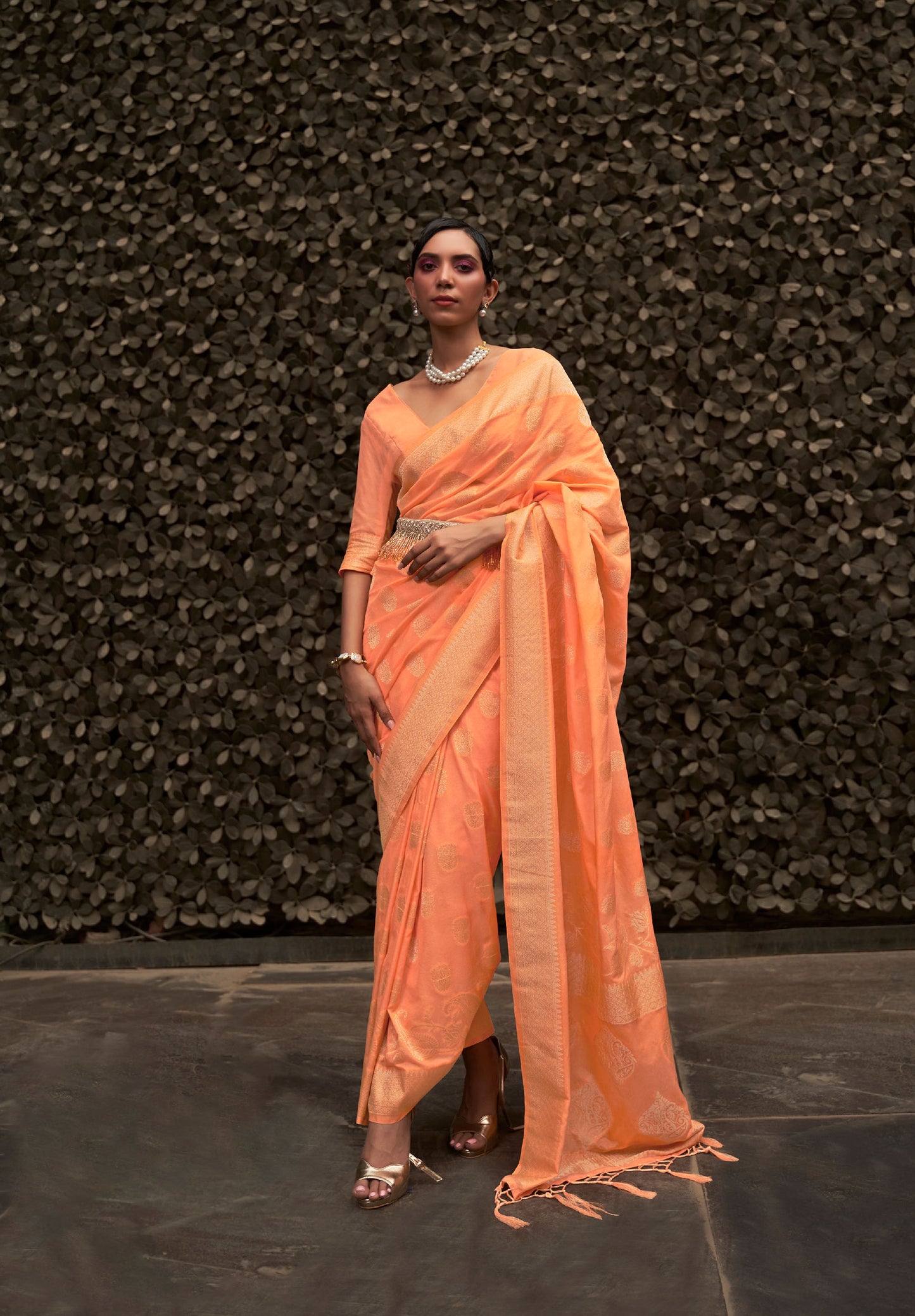 Orange Kosmos Silk Nylon Chinnon Two tone saree