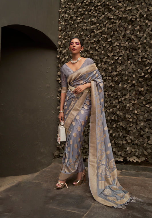 Grey Kosmos Silk Nylon Chinnon Two tone saree