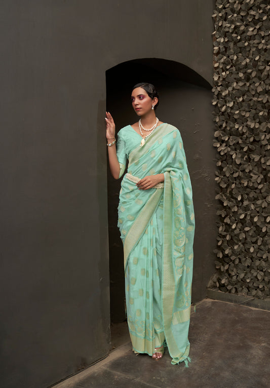 Green Kosmos Silk Nylon Chinnon Two tone saree