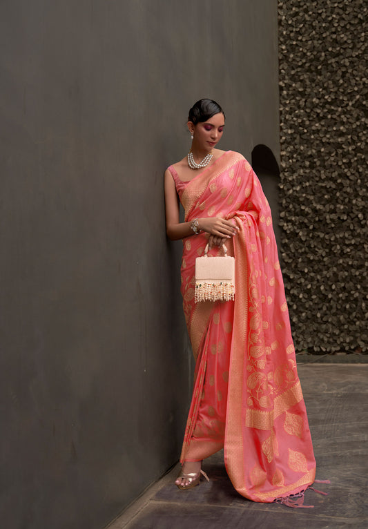 Pink Kosmos Silk Nylon Chinnon Two tone saree