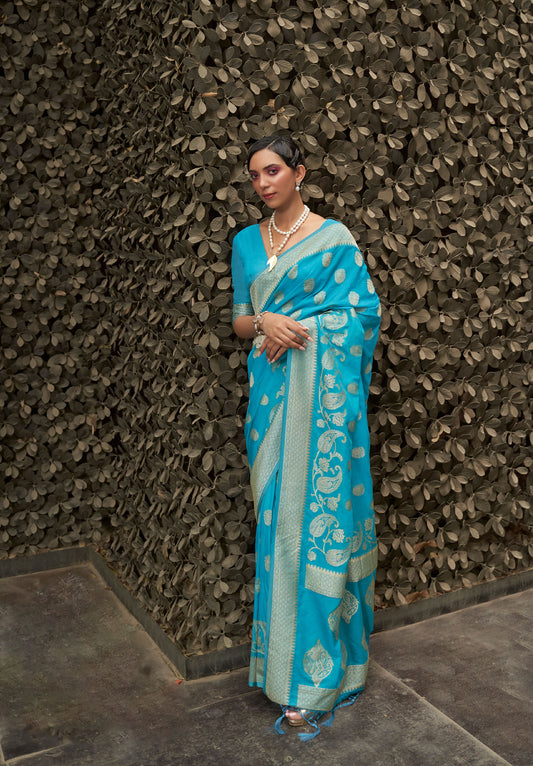 Blue Kosmos Silk Nylon Chinnon Two tone saree