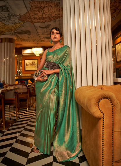Green Kumbal Silk Nylon Satin Zari woven saree