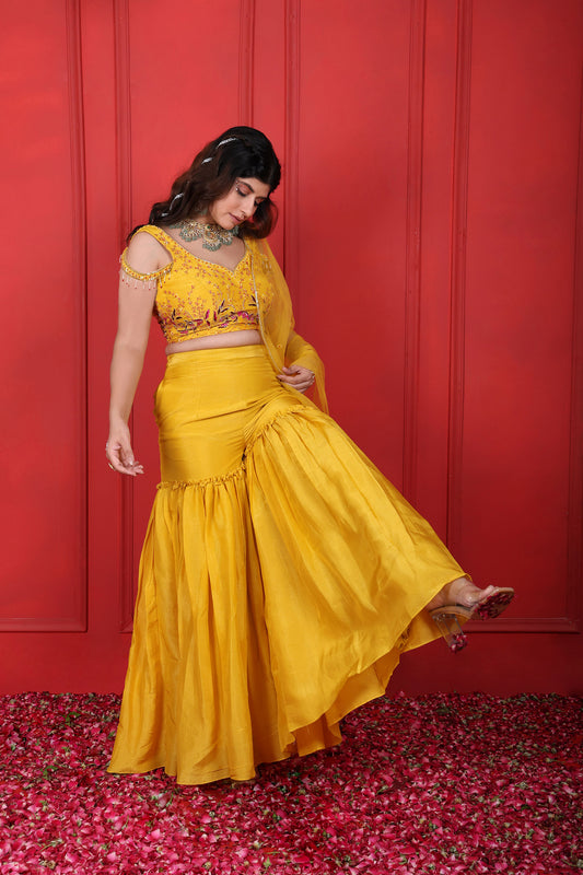 Heavy Hand Embroidered Sunflower Yellow Sharara Blouse & Dupatta Set