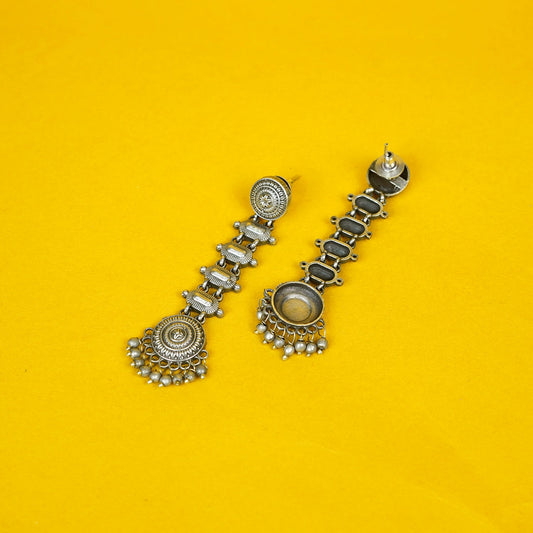 Zevar Club Oxidised Silver-Plated Circular and Rectangular Linked Statement Earrings with Bead Detailing