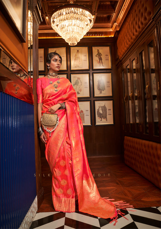 Coral Pink Kosmic Silk Handloom Saree