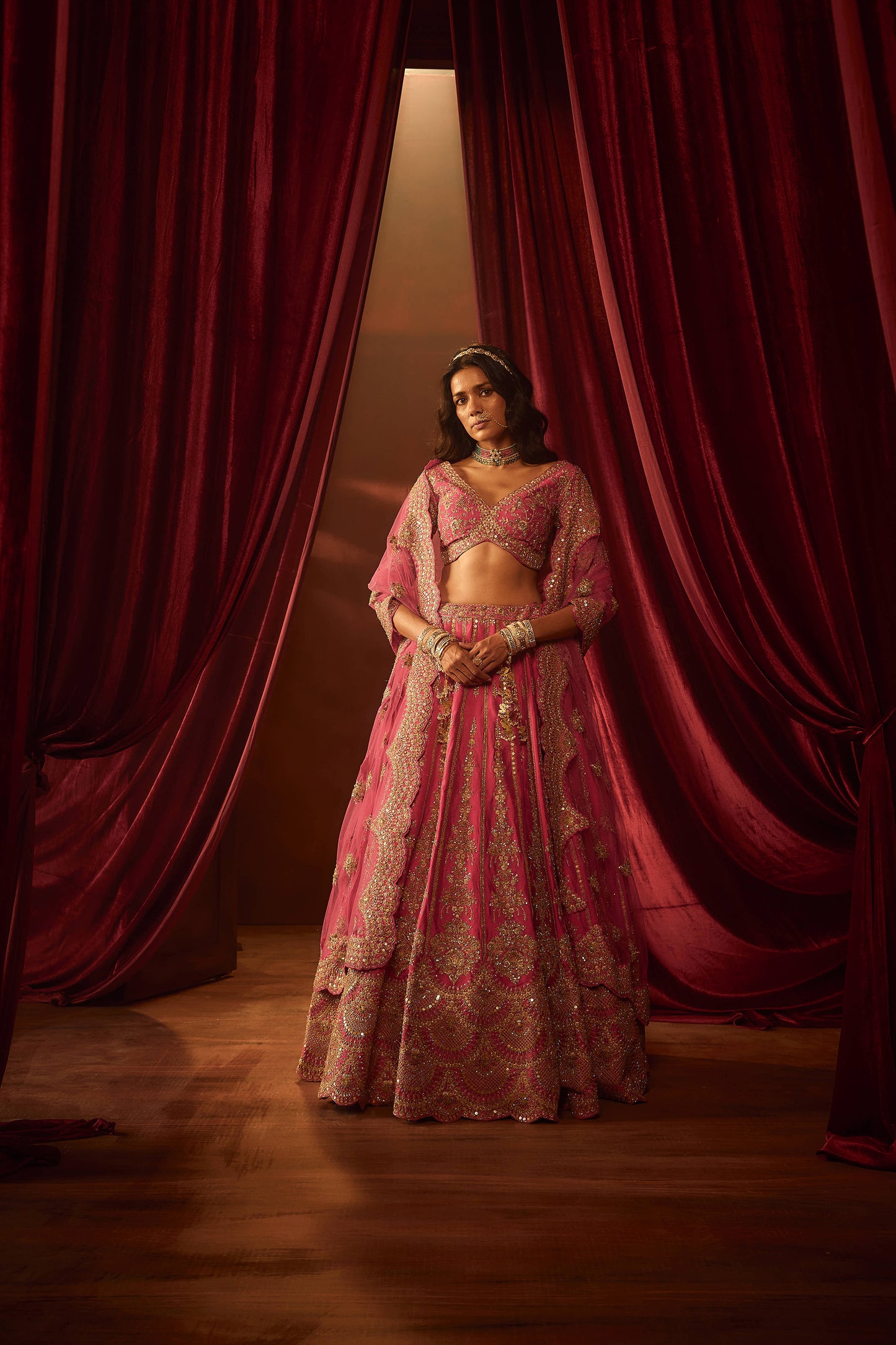 Rani Pink Raw Silk Hand & Machine Embroidered Lehenga Set