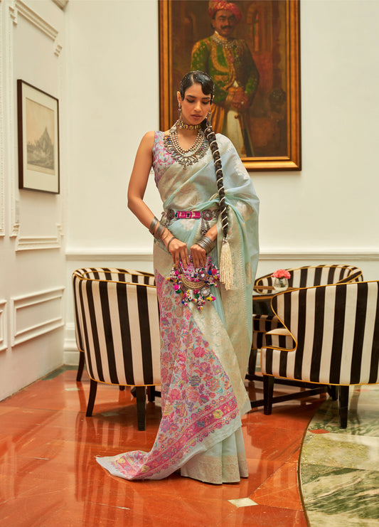 Light Blue Keerat Silk Modal Kashmiri Saree