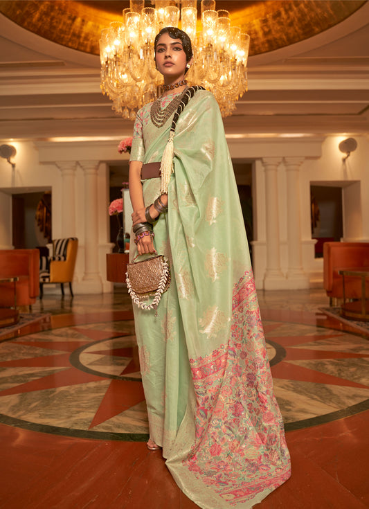 Light Green Keerat Silk Modal Kashmiri Saree