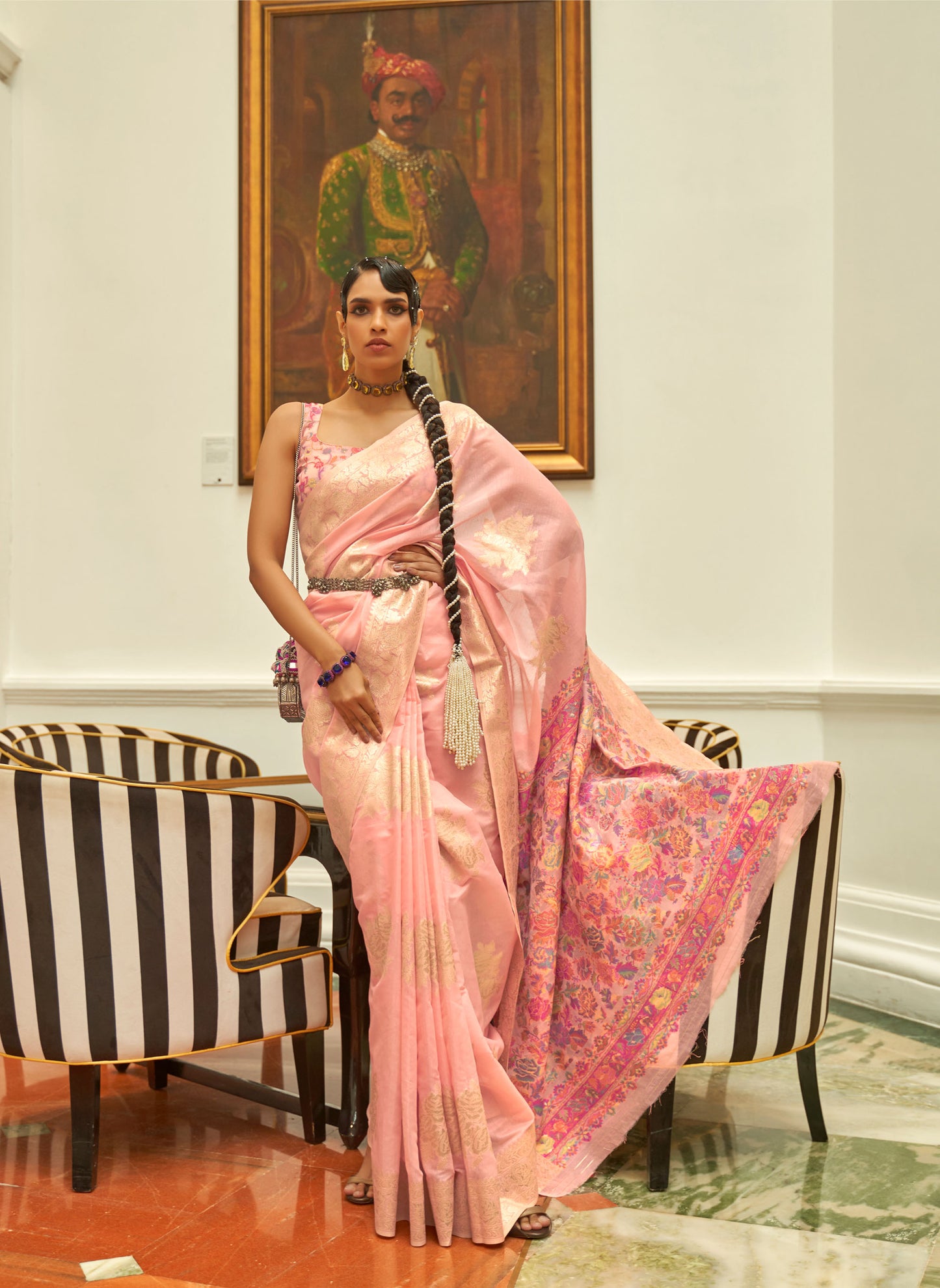 Light Peach Keerat Silk Modal Kashmiri Saree