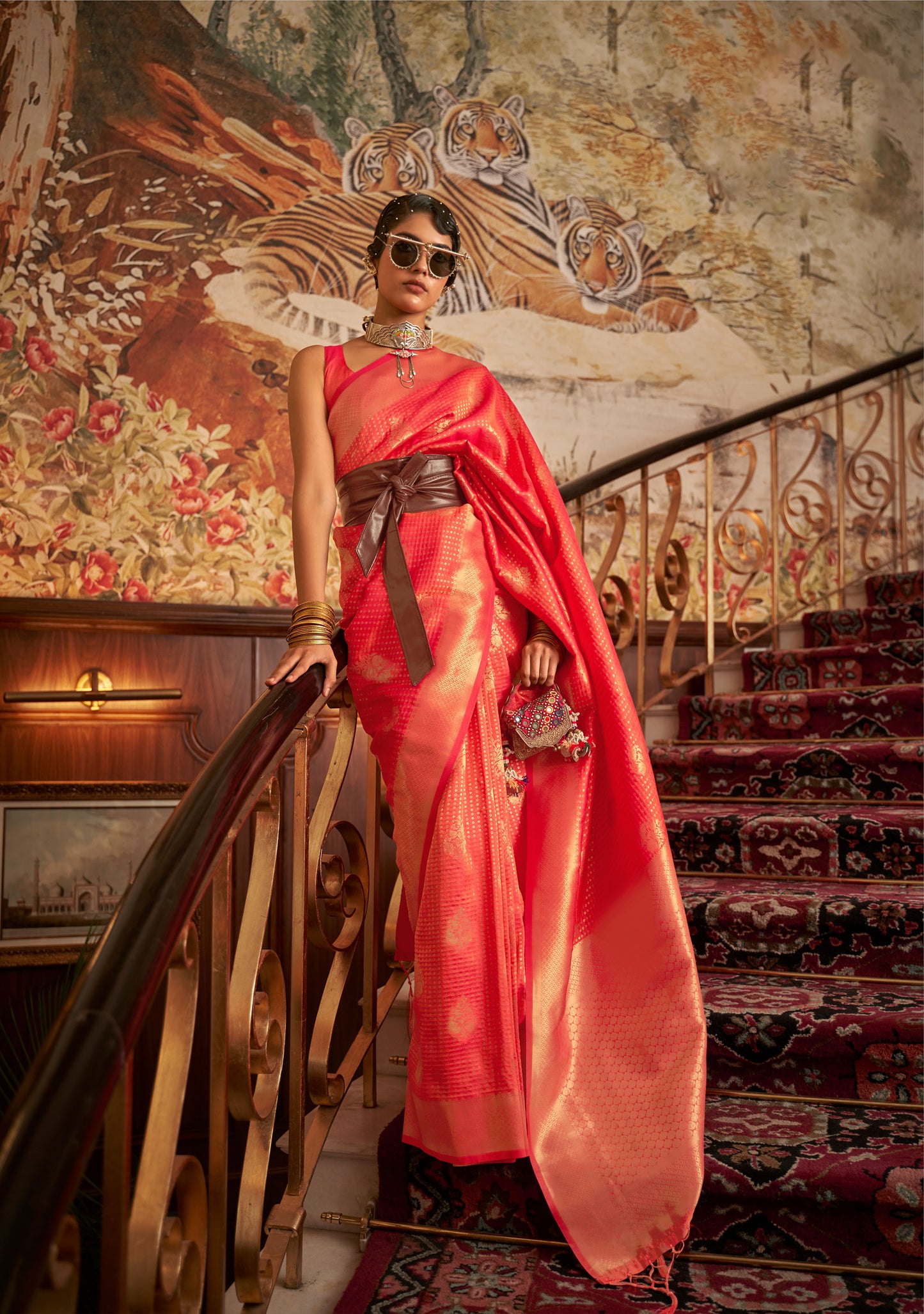 Orange Kurina Silk Nylon Chinnon Saree