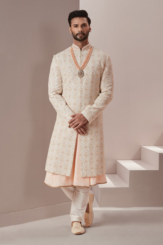 Off White Hand Embroidered Lucknowi Sherwani