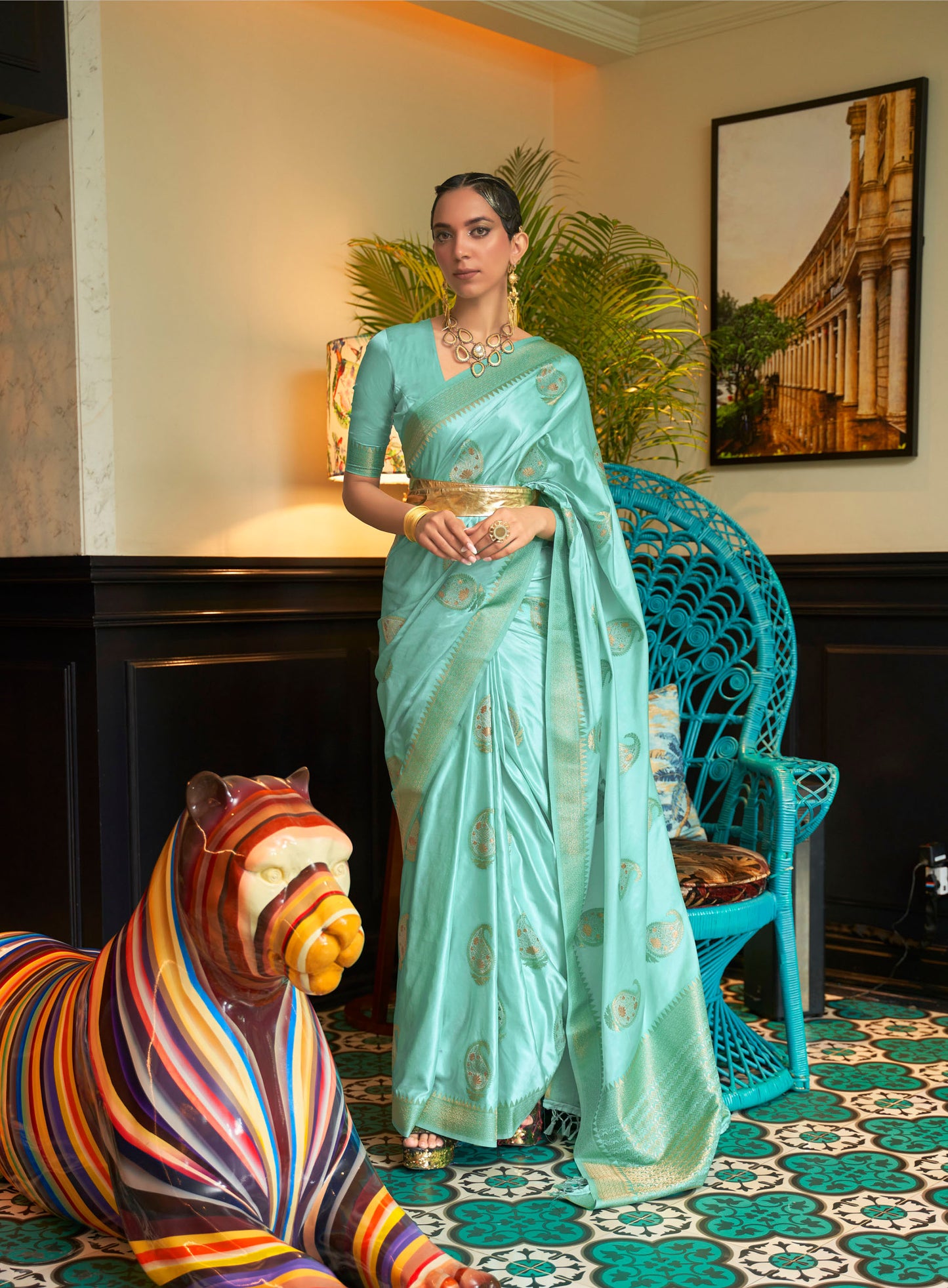 Turquoise Kushaq Silk Nylon Pure Satin Saree