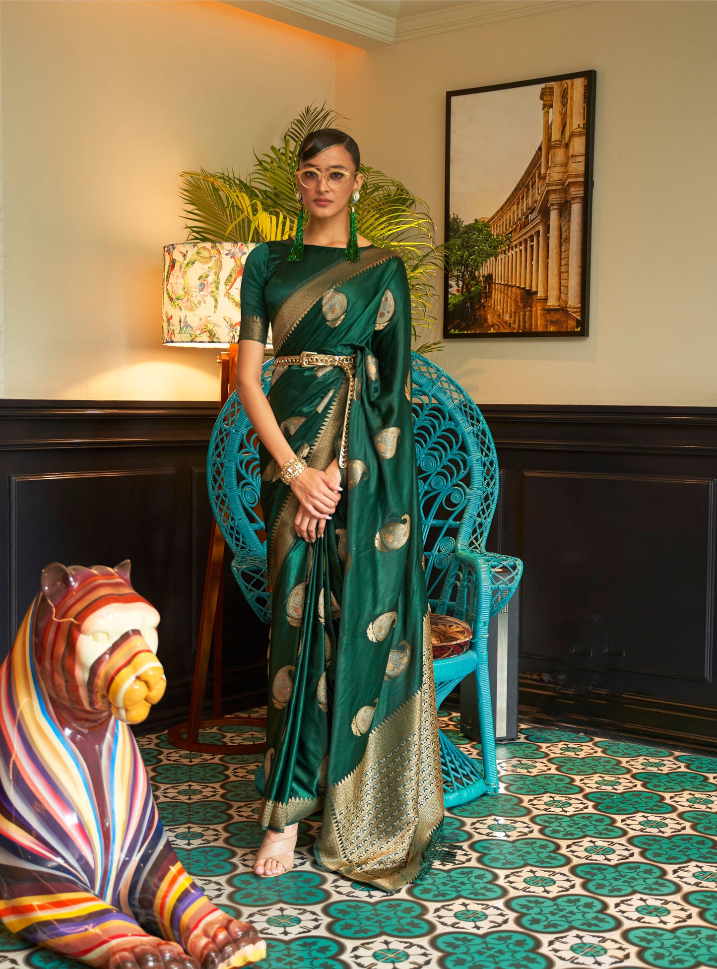 Emerald Green Kushaq Silk Nylon Pure Satin Saree