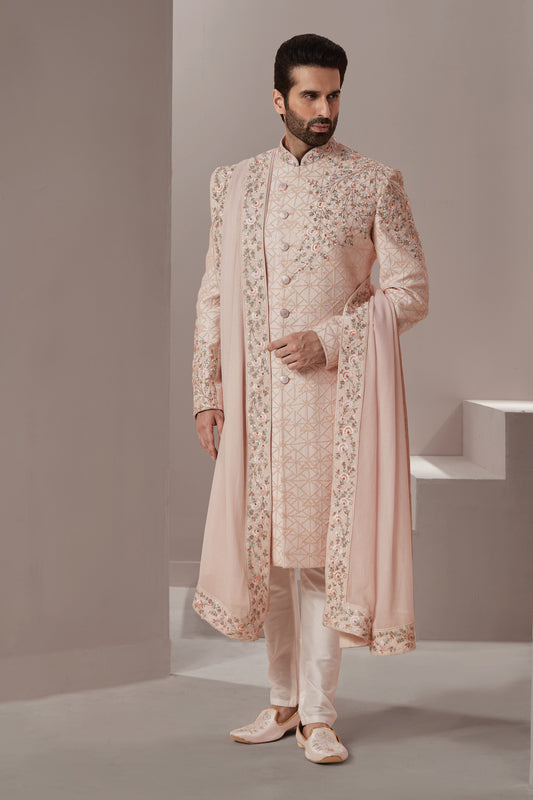Light Pink Silk Sherwani with geometric base & Floral Placement