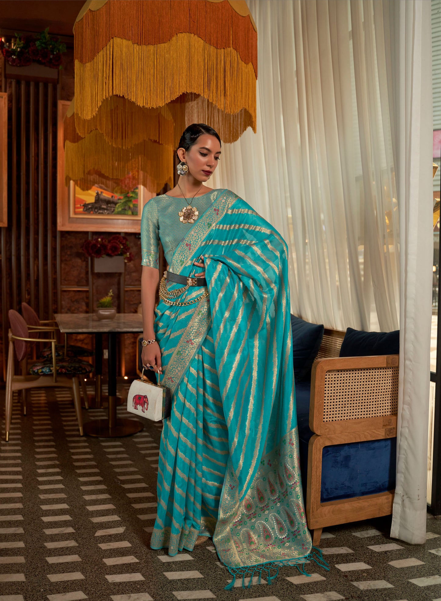 Blue Kahana Organza Meenakari Saree