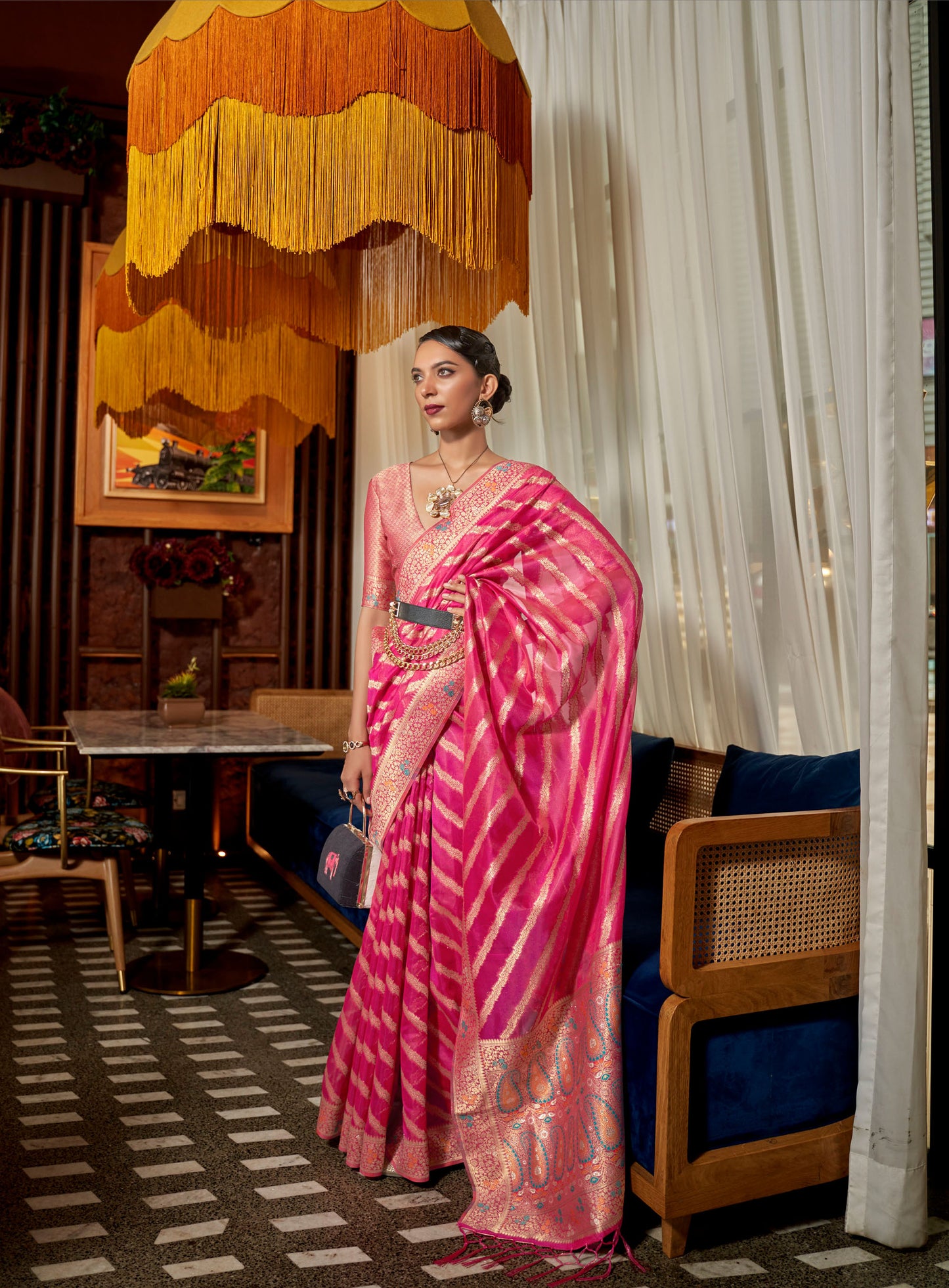 Pink Kahana Organza Meenakari Saree
