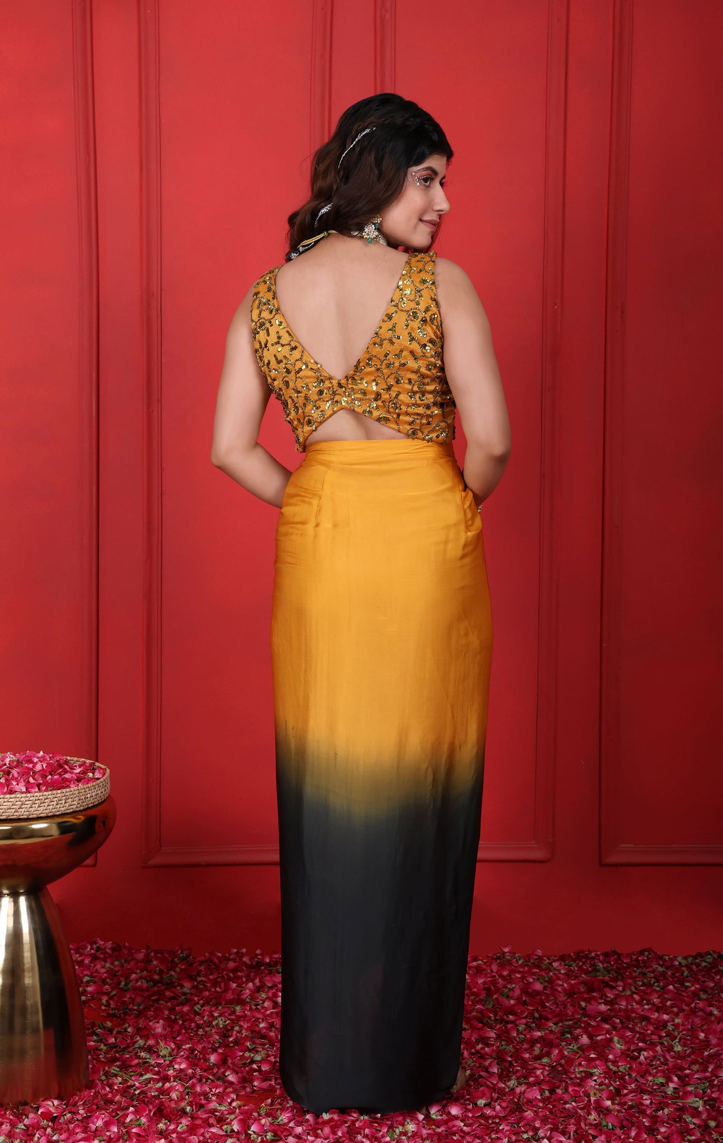 Goldenrod, Judge Grey Heavy Hand Embroidered Blouse With Ombre Drape Skirt