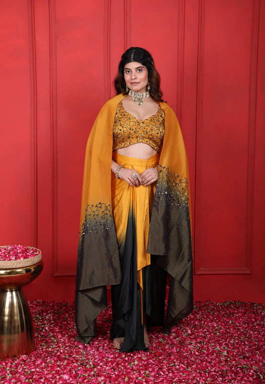 Goldenrod, Judge Grey Heavy Hand Embroidered Blouse With Ombre Drape Skirt & Dupatta