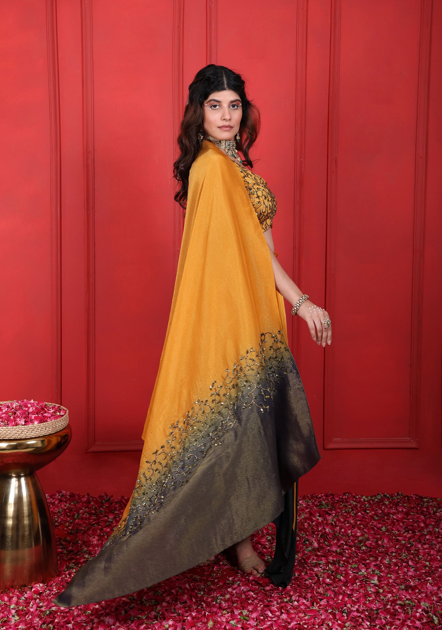 Goldenrod, Judge Grey Heavy Hand Embroidered Blouse With Ombre Drape Skirt & Dupatta