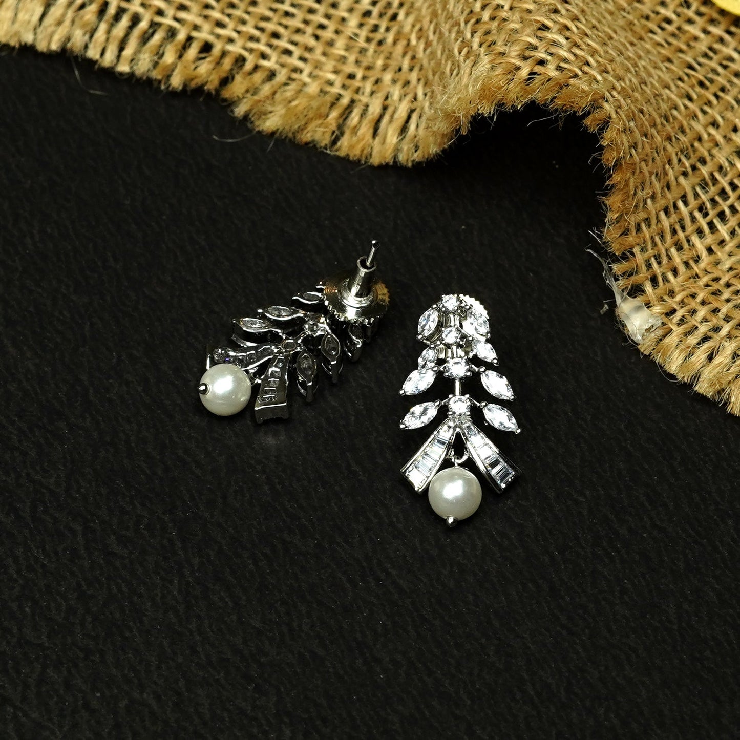 Zevar Club Rhodium-Plated Handcrafted Cubic Zirconia & Pearl Drop Earrings with Leaf Design